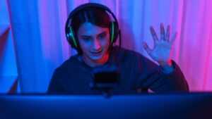 A vibrant display of a popular gaming stream on Twitch, showing a streamer engaging with a global audience, highlighting the community-driven aspect of modern gaming culture.